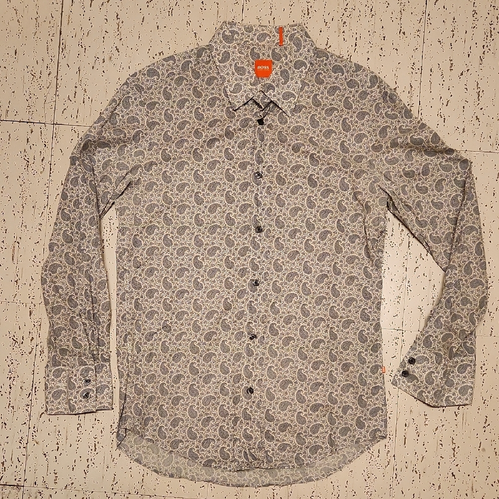 Hugo Boss Paisley Button Down Long Sleeve Casual Dress Shirt White And Blue